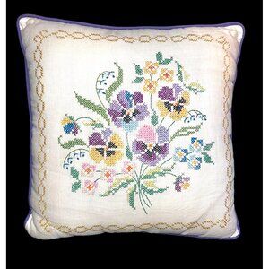 Handmade Floral Cross-Stitch Throw Pillow 14" Square Purple Piping   Linen